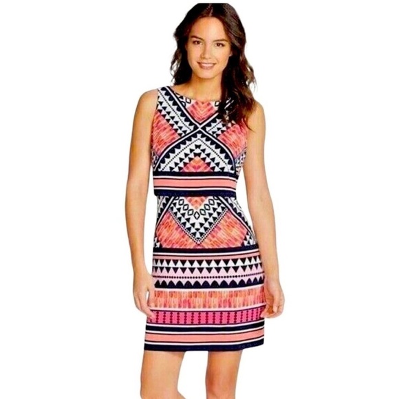 Eliza J Pink Orange Black Geometric Print Popover Sleeveless Shift Dress Size 2 - Picture 1 of 8
